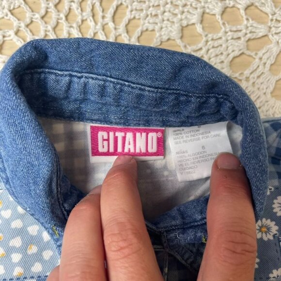 Vintage 1990s Gitano Girls 6 Years Blue Daisy Patchwork Button Down Shirt - Picture 2 of 3